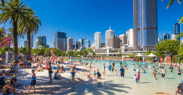 Brisbane city backdrop from South bank parklands