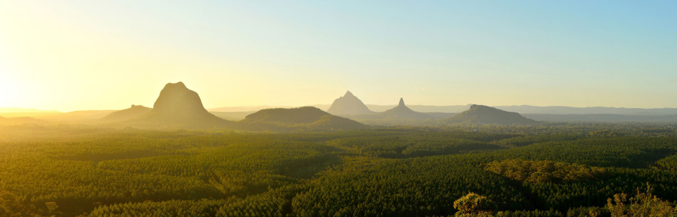 Panorama of Glass House Mountains at late afternoon