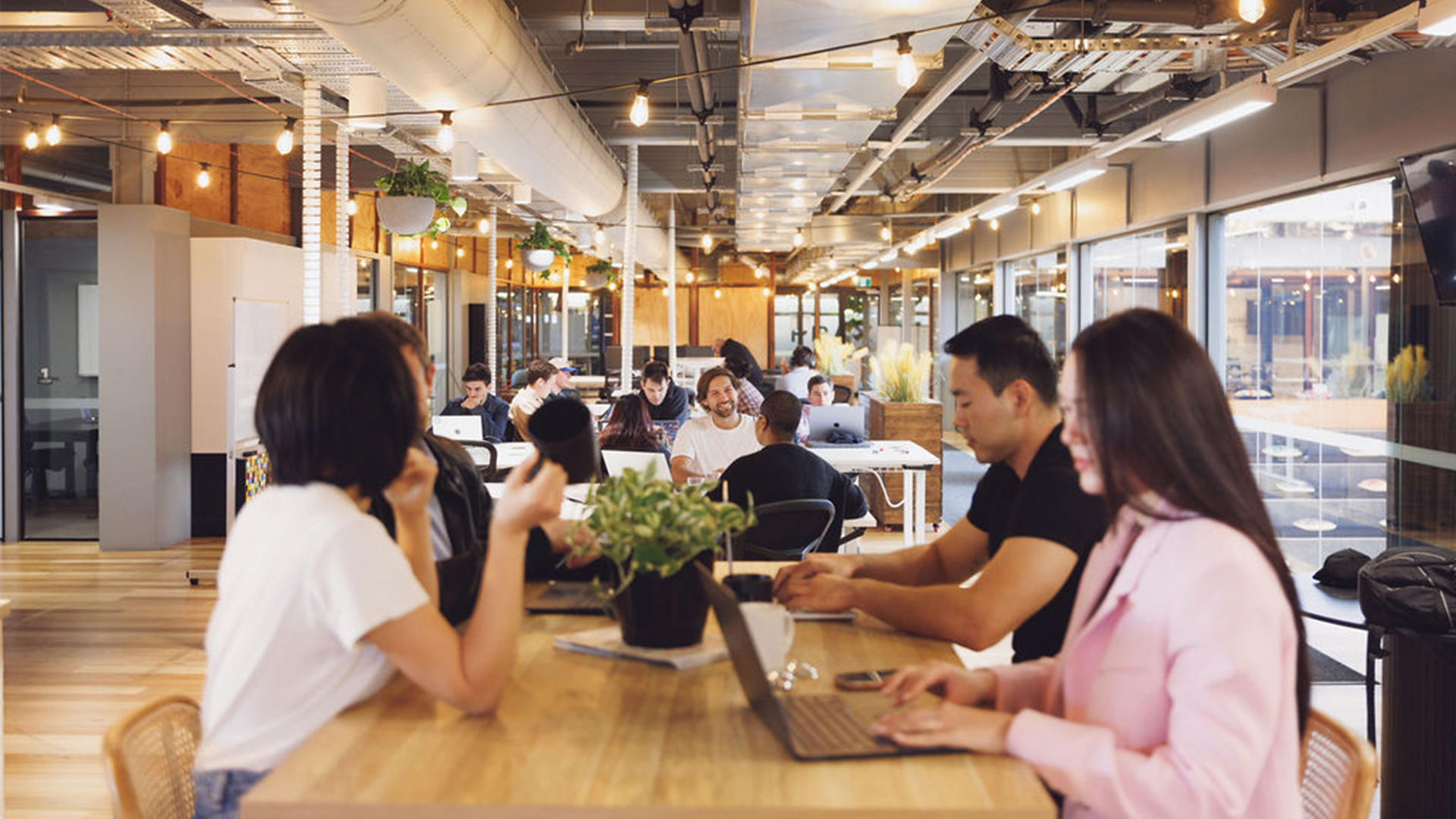 People working at desks in a co-working space