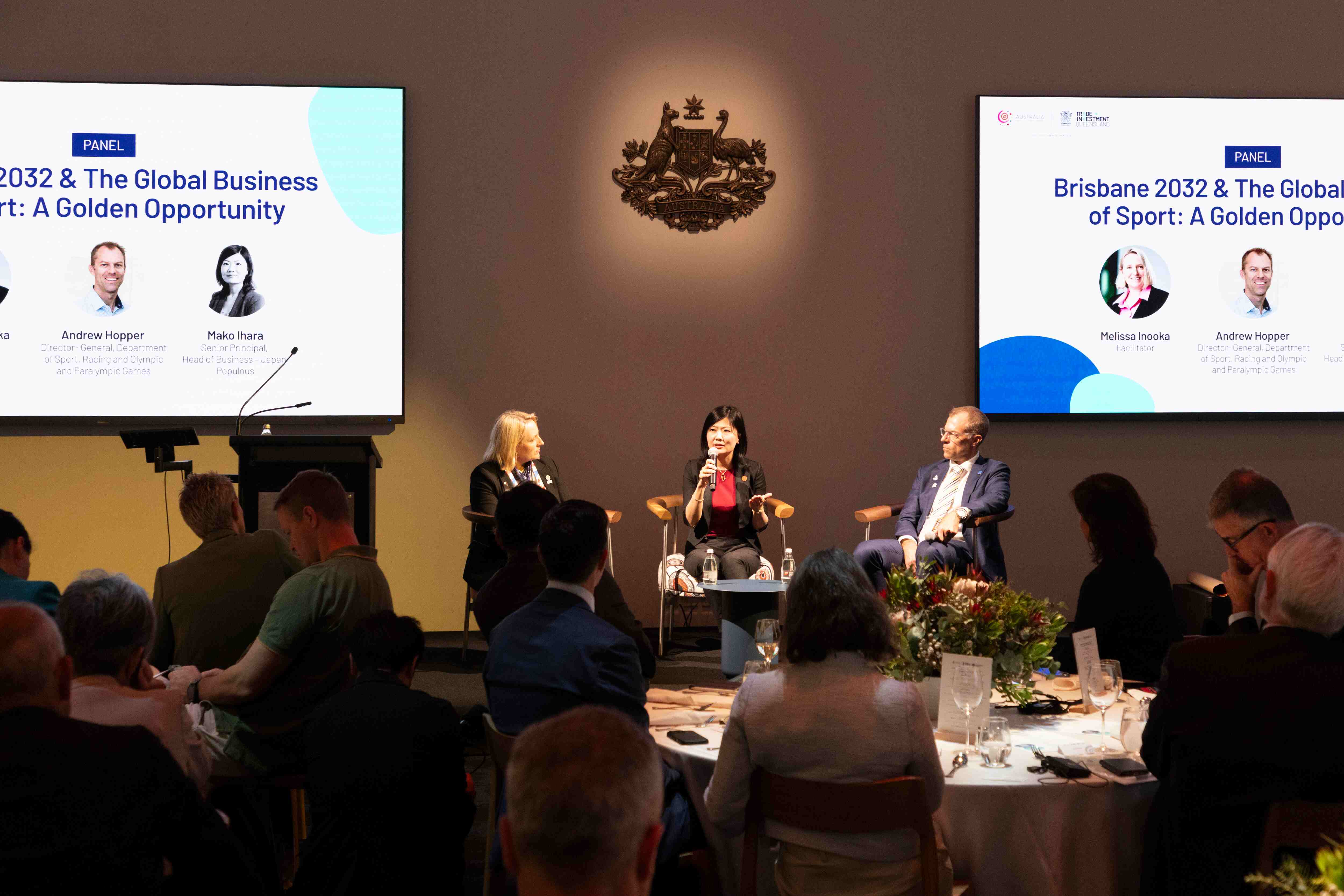 Brisbane 2032 sport panel featuring Melissa Inooka, Andrew Hopper, and Makio Ihara