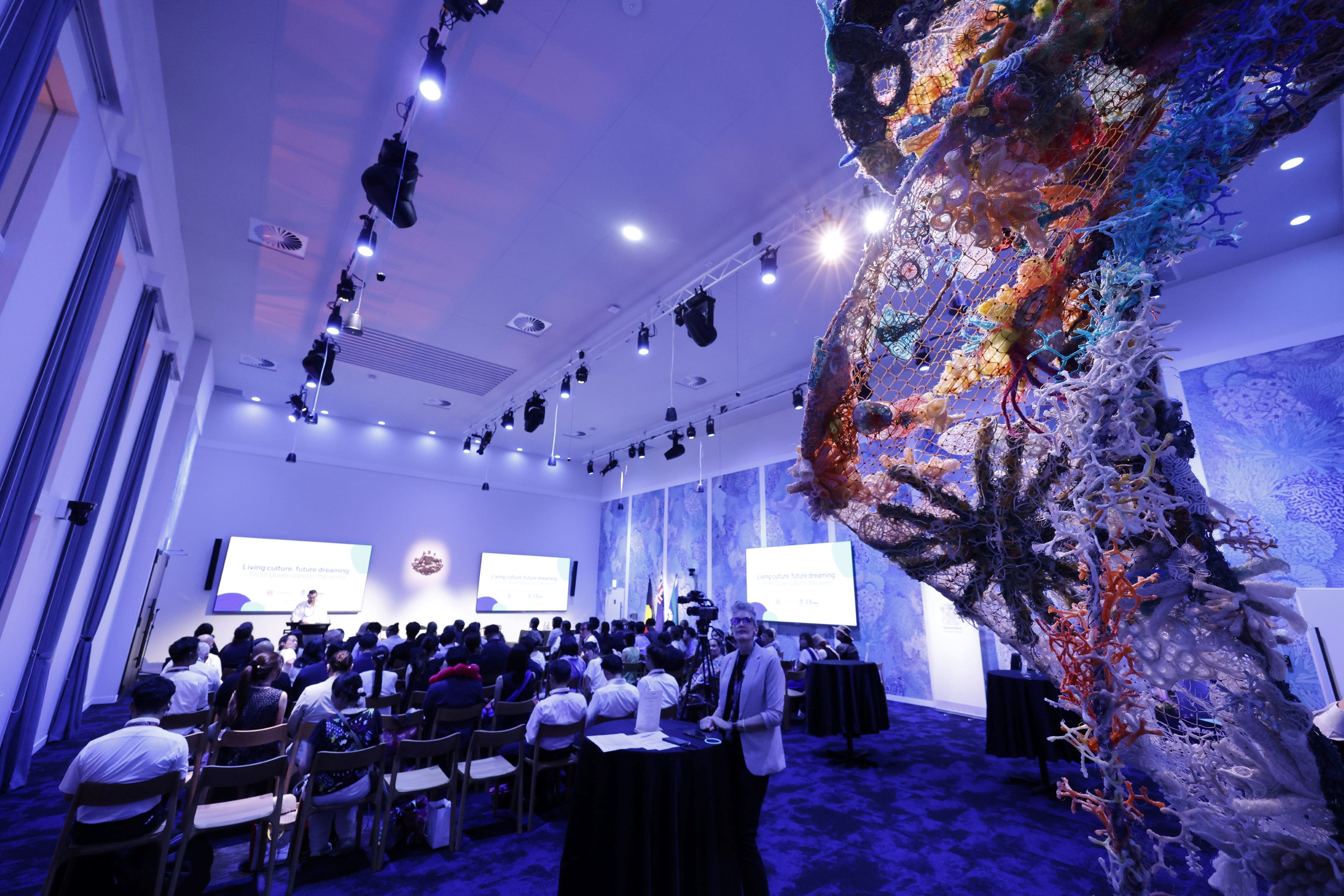 Erub Arts, Darnley Island installation using ghost net materials, Umi room, Australia Pavilion