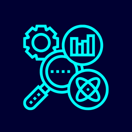 Icon of advanced manufacturing illustrations featuring magnifying glass, cog, chart and atom.