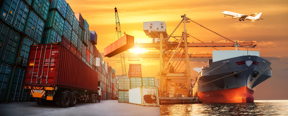 Ship and truck freight at port